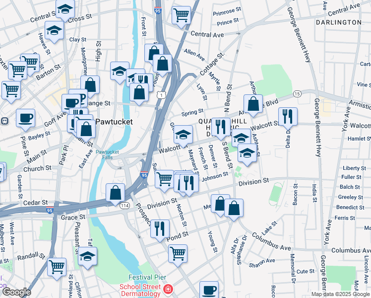 map of restaurants, bars, coffee shops, grocery stores, and more near 41 Maynard Street in Pawtucket