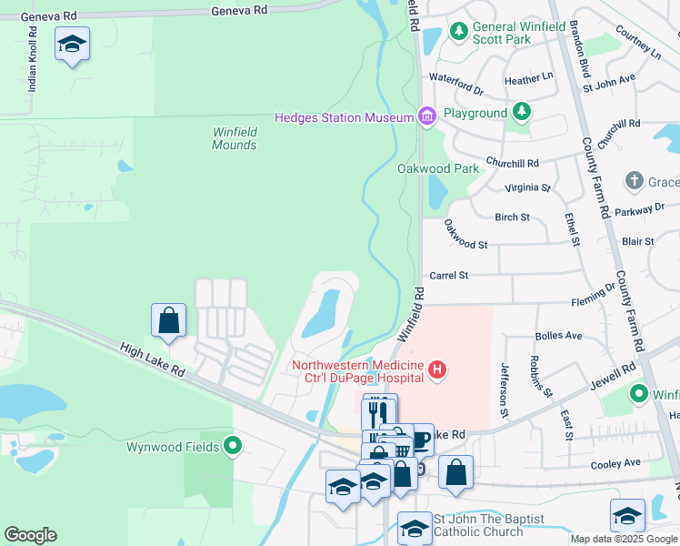 map of restaurants, bars, coffee shops, grocery stores, and more near 27W714 Windermere Road in Winfield