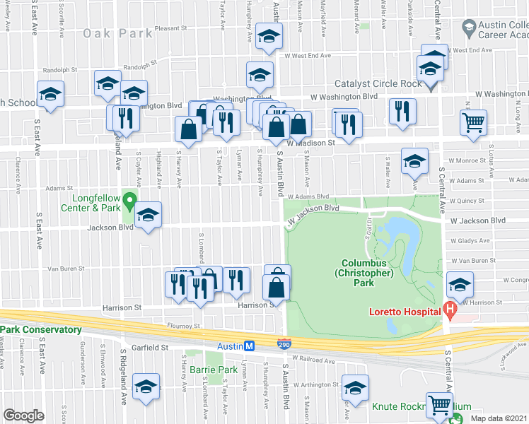 map of restaurants, bars, coffee shops, grocery stores, and more near 632 South Humphrey Avenue in Oak Park