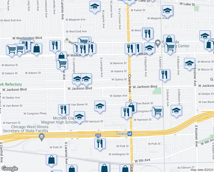 map of restaurants, bars, coffee shops, grocery stores, and more near 4934 West Jackson Boulevard in Chicago