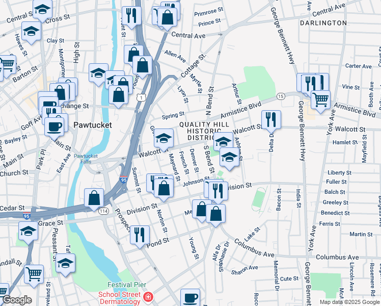map of restaurants, bars, coffee shops, grocery stores, and more near 79 Denver Street in Pawtucket
