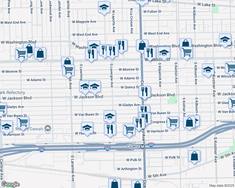 map of restaurants, bars, coffee shops, grocery stores, and more near 4934 West Jackson Boulevard in Chicago