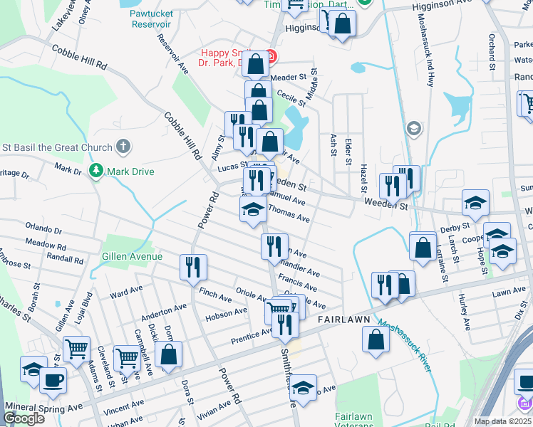 map of restaurants, bars, coffee shops, grocery stores, and more near 539 Smithfield Avenue in Pawtucket