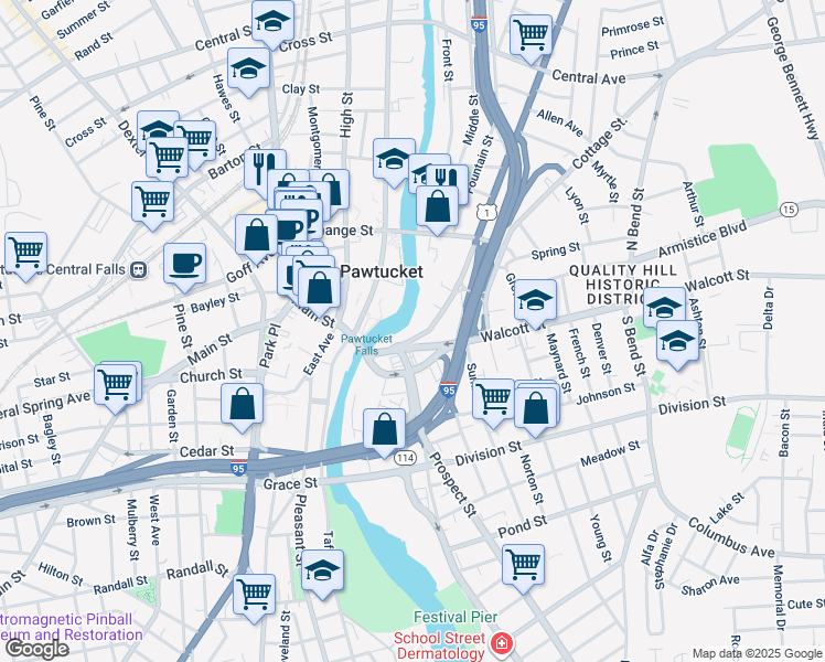 map of restaurants, bars, coffee shops, grocery stores, and more near 68 Broadway in Pawtucket