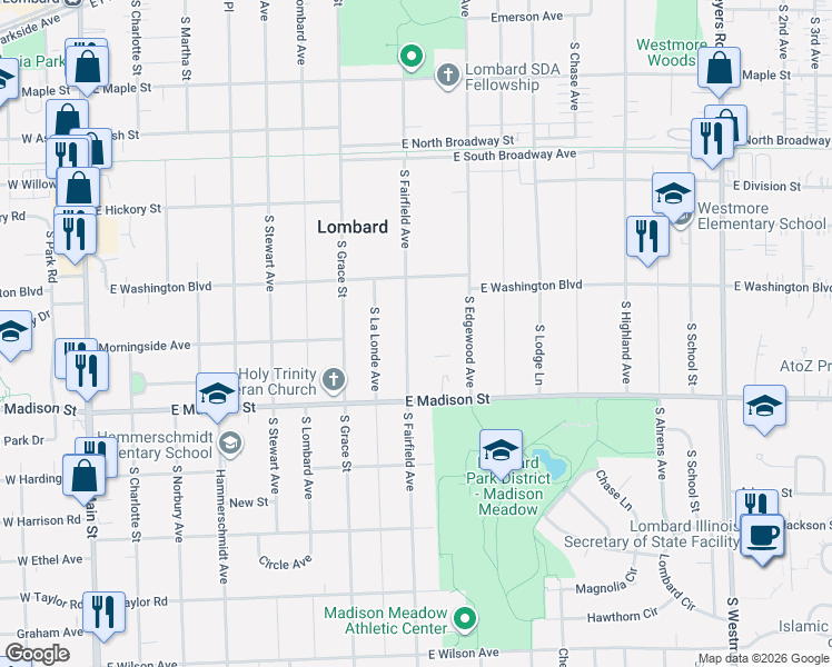 map of restaurants, bars, coffee shops, grocery stores, and more near 545 South Fairfield Avenue in Lombard