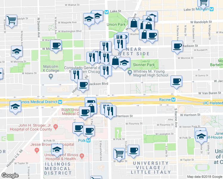 map of restaurants, bars, coffee shops, grocery stores, and more near 323 S Ashland Ave in Chicago