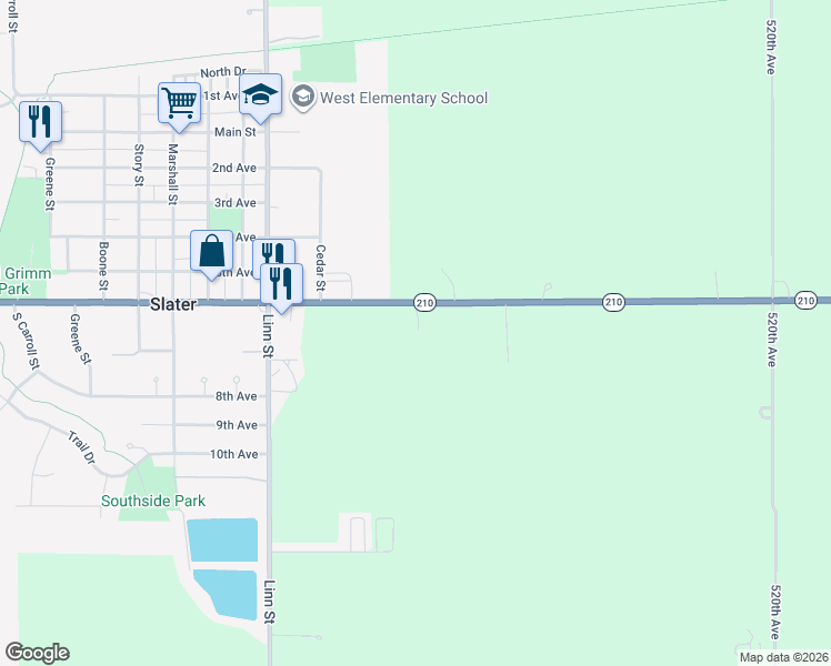 map of restaurants, bars, coffee shops, grocery stores, and more near 51340 Iowa 210 in Slater