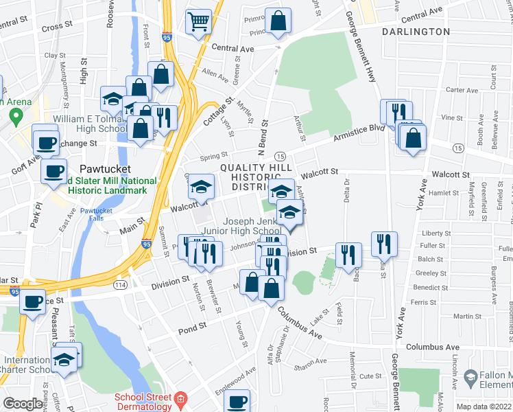 map of restaurants, bars, coffee shops, grocery stores, and more near 27 South Bend Street in Pawtucket