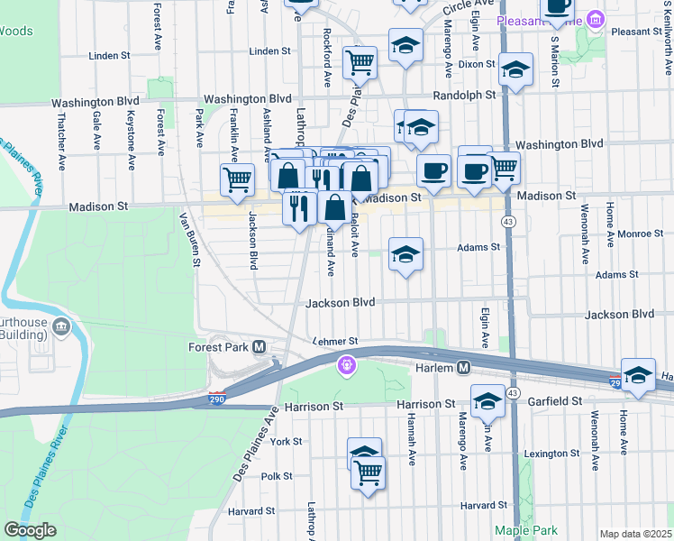 map of restaurants, bars, coffee shops, grocery stores, and more near 516 Ferdinand Avenue in Forest Park