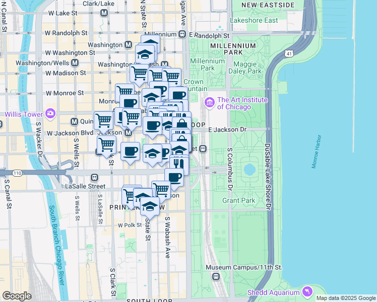 map of restaurants, bars, coffee shops, grocery stores, and more near 401 South Michigan Avenue in Chicago