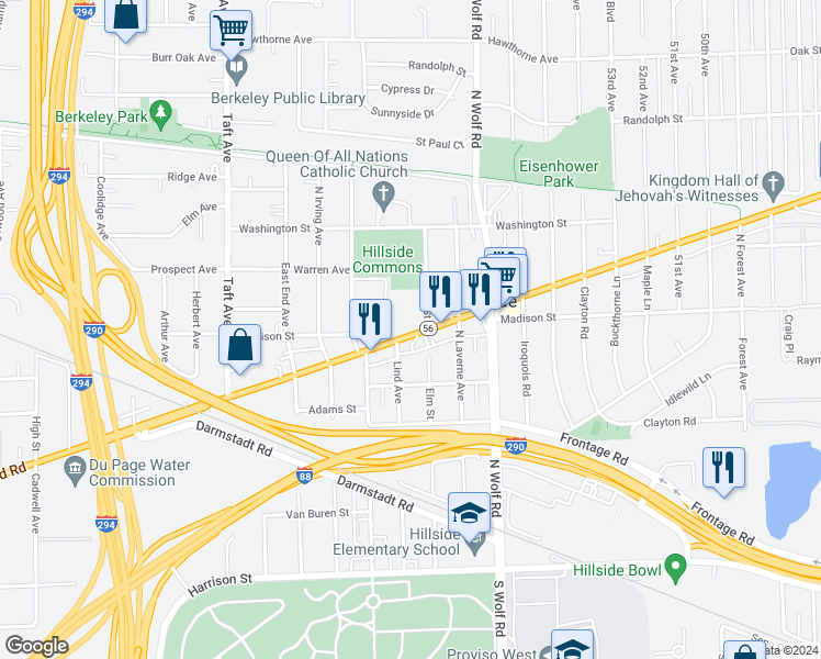map of restaurants, bars, coffee shops, grocery stores, and more near 4906 Butterfield Road in Hillside
