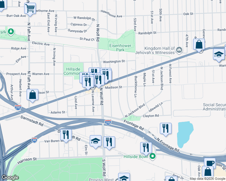 map of restaurants, bars, coffee shops, grocery stores, and more near 342 Iroquois Road in Hillside