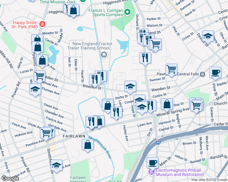 map of restaurants, bars, coffee shops, grocery stores, and more near 486 Weeden Street in Pawtucket