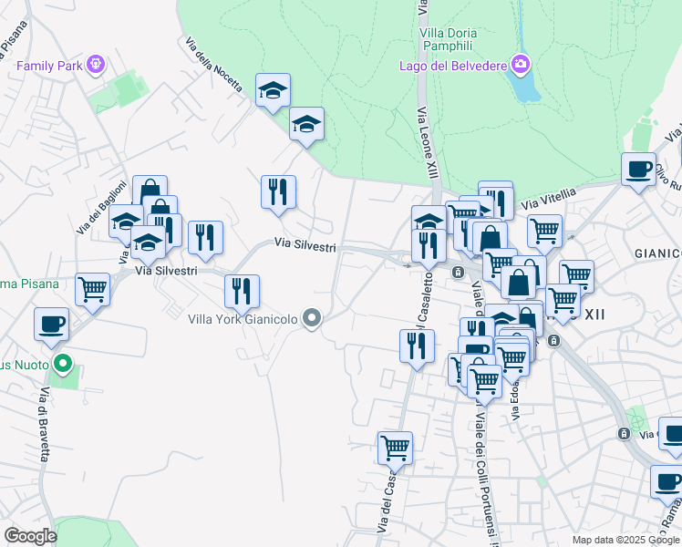 map of restaurants, bars, coffee shops, grocery stores, and more near 79 Vicolo Silvestri in Roma
