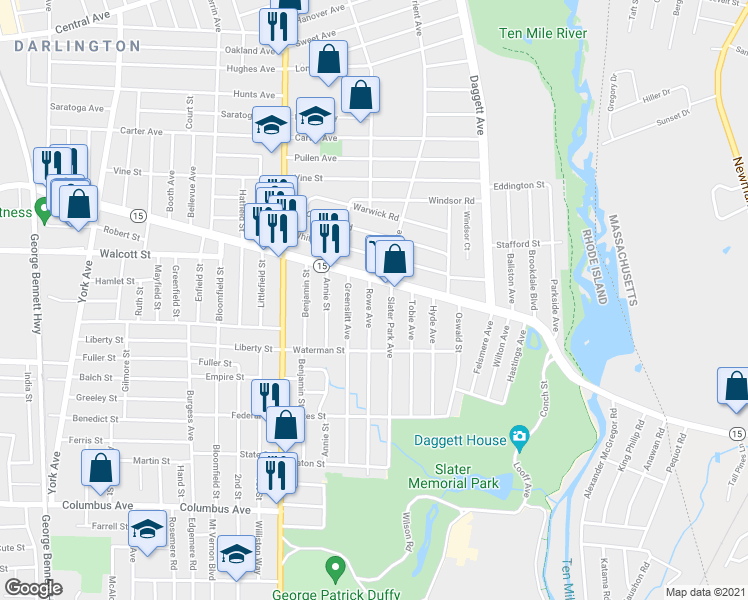 map of restaurants, bars, coffee shops, grocery stores, and more near 26 Rowe Ave in Pawtucket