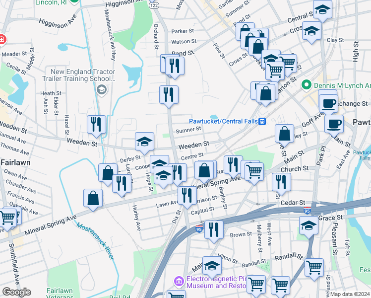 map of restaurants, bars, coffee shops, grocery stores, and more near 320 Weeden Street in Pawtucket