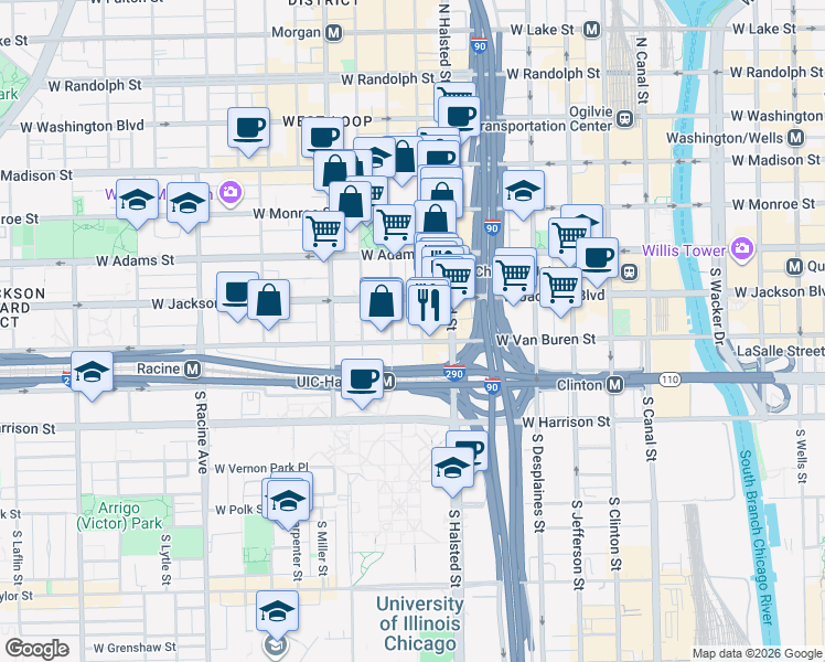 map of restaurants, bars, coffee shops, grocery stores, and more near 329 South Peoria Street in Chicago