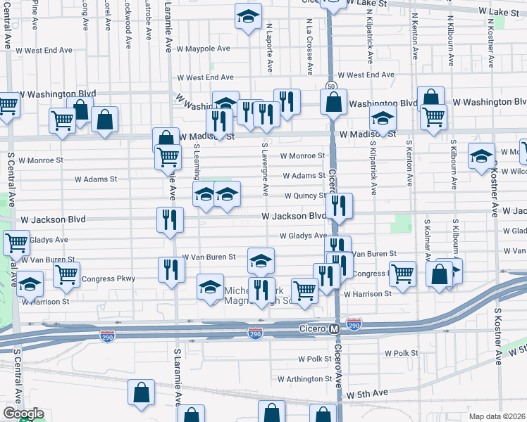 map of restaurants, bars, coffee shops, grocery stores, and more near 5000 West Jackson Boulevard in Chicago