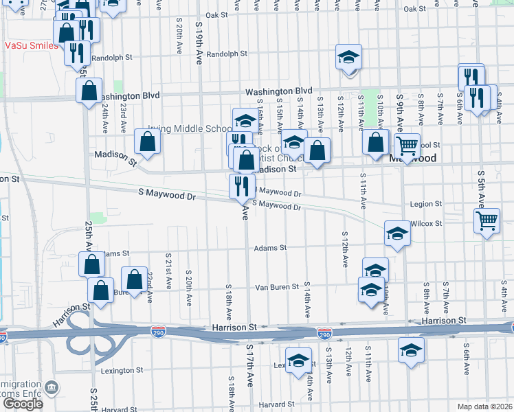map of restaurants, bars, coffee shops, grocery stores, and more near South Maywood Drive in Maywood