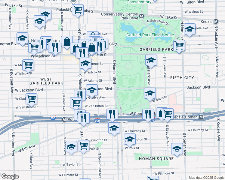 map of restaurants, bars, coffee shops, grocery stores, and more near 300 South Hamlin Boulevard in Chicago