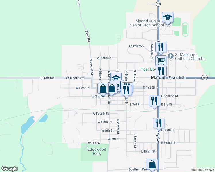 map of restaurants, bars, coffee shops, grocery stores, and more near 301 West First Street in Madrid
