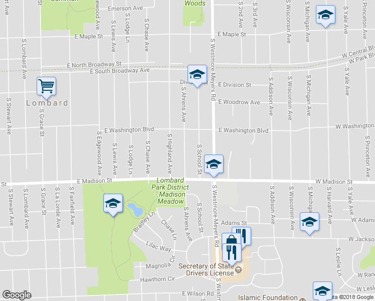 map of restaurants, bars, coffee shops, grocery stores, and more near 537 South Ahrens Avenue in Lombard