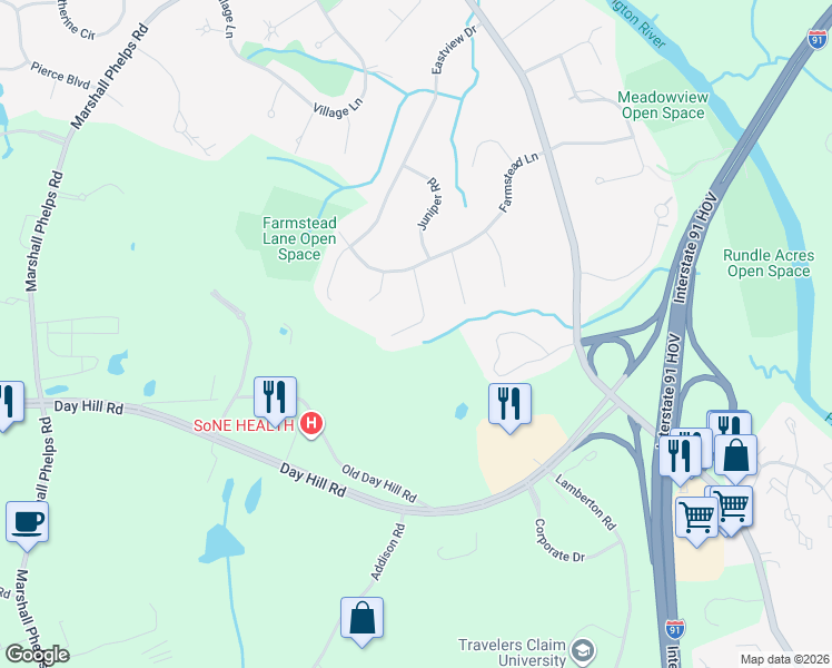 map of restaurants, bars, coffee shops, grocery stores, and more near 38 Crabapple Road in Windsor