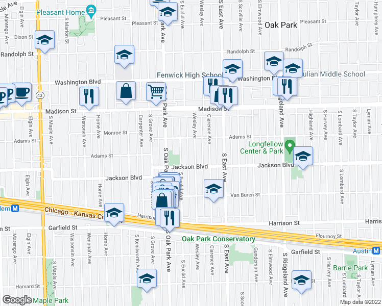 map of restaurants, bars, coffee shops, grocery stores, and more near 625 Wesley Avenue in Oak Park