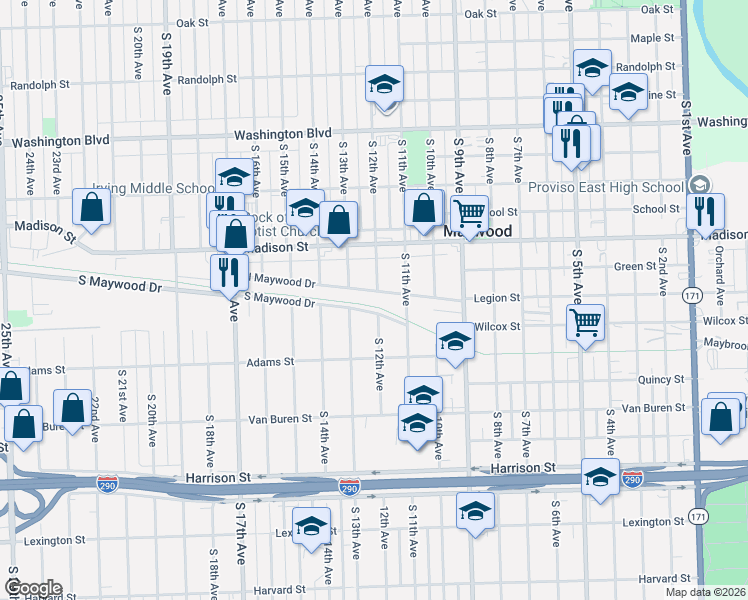 map of restaurants, bars, coffee shops, grocery stores, and more near 1204 N Maywood Dr in Maywood