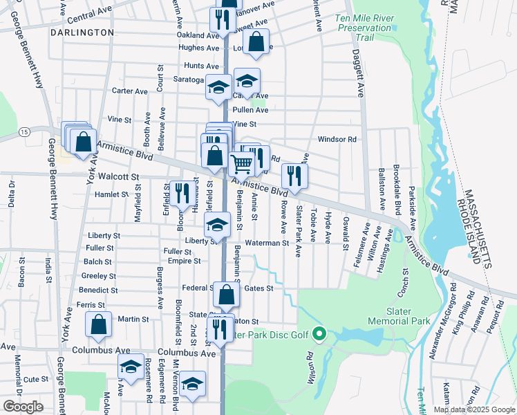 map of restaurants, bars, coffee shops, grocery stores, and more near 42 Annie Street in Pawtucket