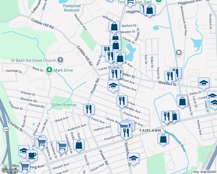 map of restaurants, bars, coffee shops, grocery stores, and more near 205 Morris Avenue in Pawtucket