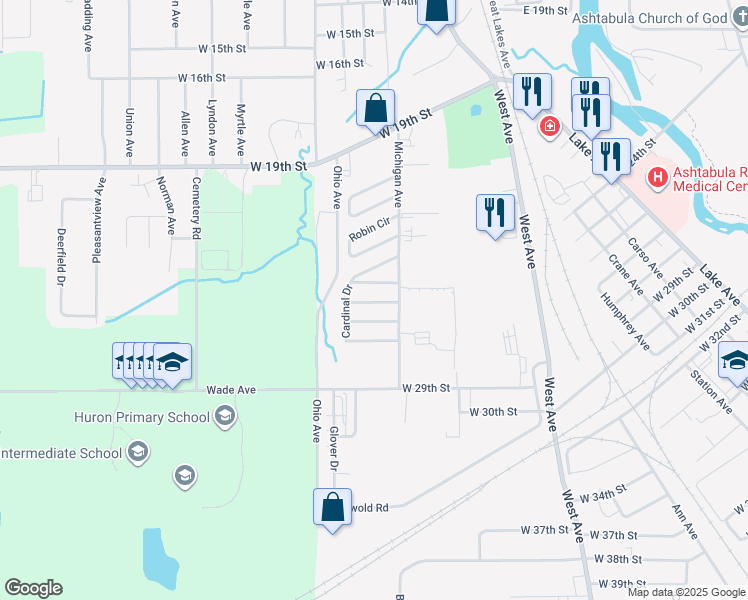 map of restaurants, bars, coffee shops, grocery stores, and more near 1903 Bob White Drive in Ashtabula