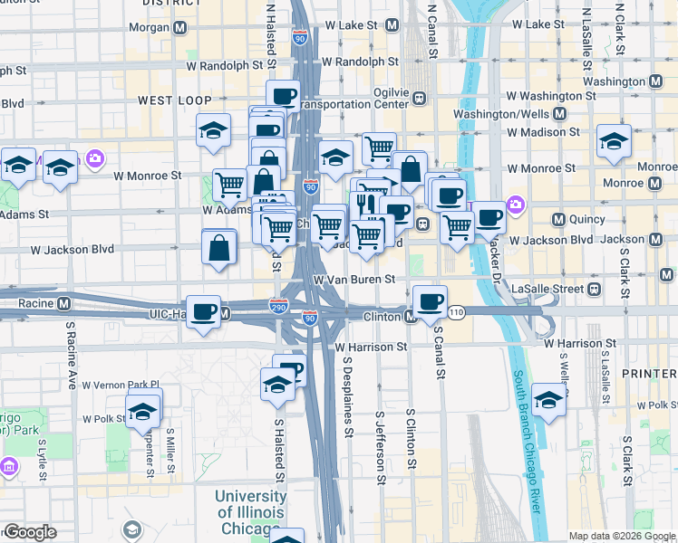 map of restaurants, bars, coffee shops, grocery stores, and more near 700 West Van Buren Street in Chicago
