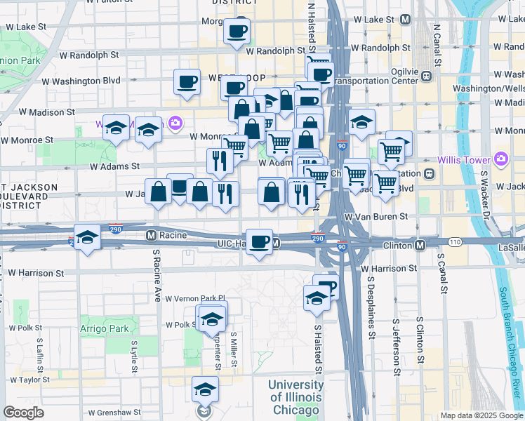 map of restaurants, bars, coffee shops, grocery stores, and more near 947 West Van Buren Street in Chicago