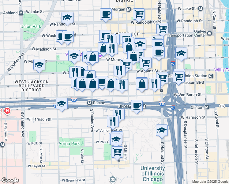 map of restaurants, bars, coffee shops, grocery stores, and more near 325 South Aberdeen Street in Chicago