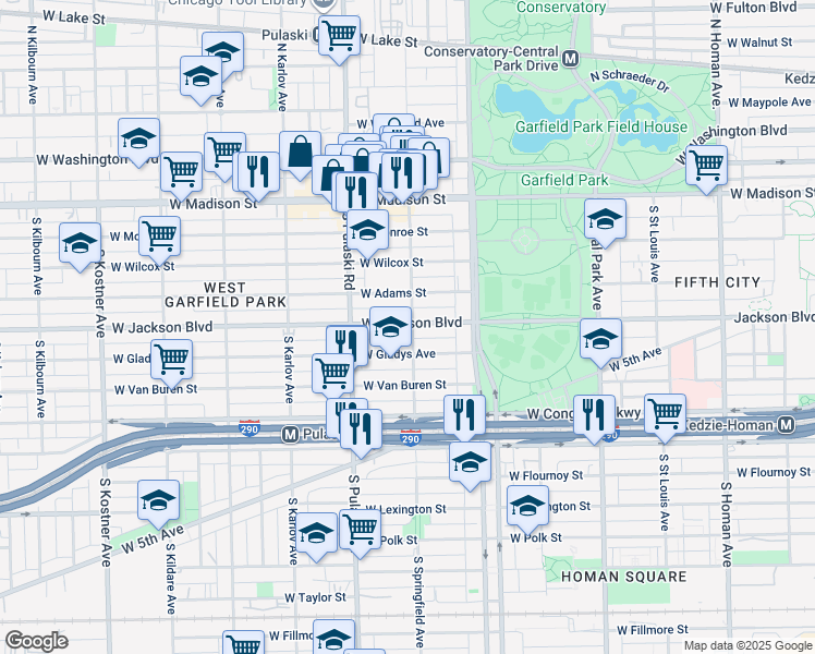 map of restaurants, bars, coffee shops, grocery stores, and more near 301 South Springfield Avenue in Chicago