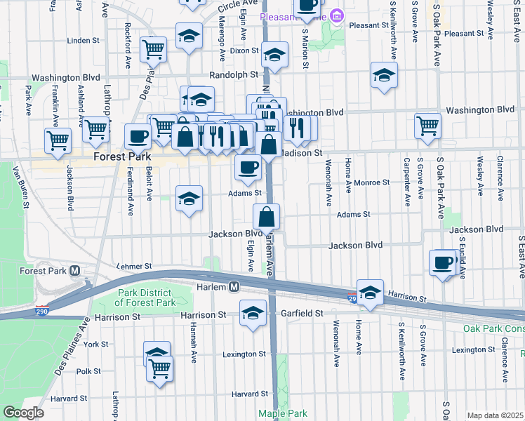 map of restaurants, bars, coffee shops, grocery stores, and more near 521 Elgin Avenue in Forest Park
