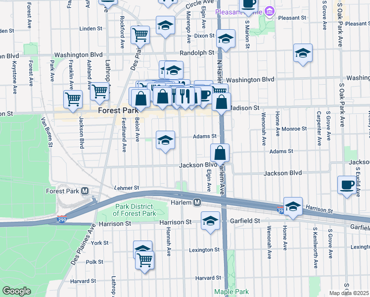 map of restaurants, bars, coffee shops, grocery stores, and more near 517 Circle Avenue in Forest Park
