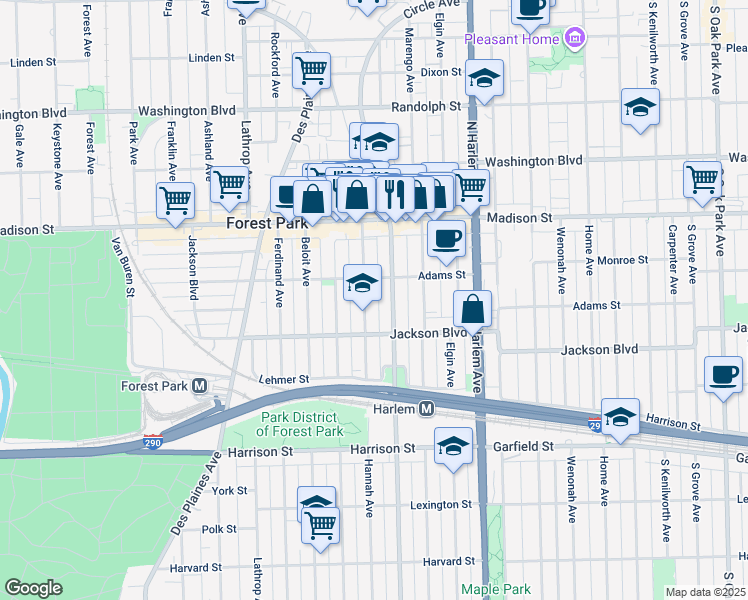 map of restaurants, bars, coffee shops, grocery stores, and more near 517 Circle Avenue in Forest Park