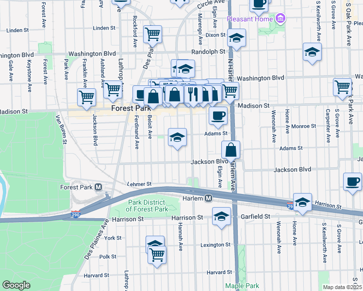 map of restaurants, bars, coffee shops, grocery stores, and more near 517 Circle Avenue in Forest Park