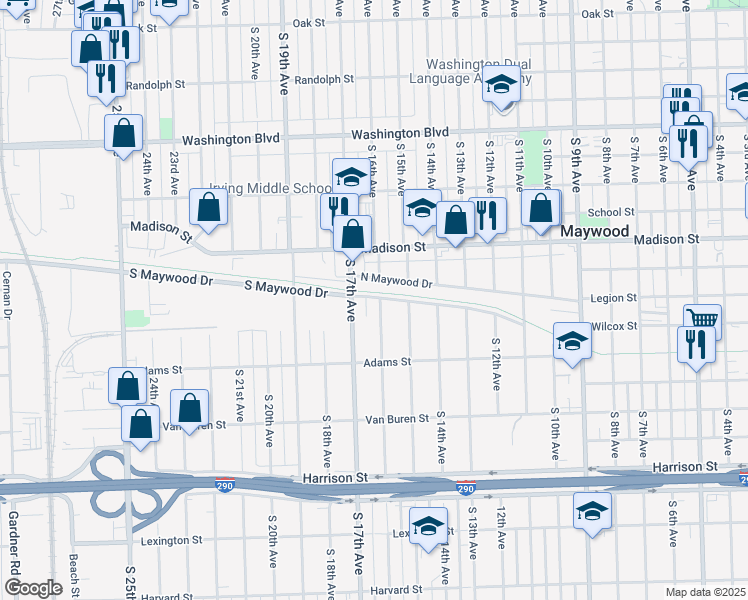 map of restaurants, bars, coffee shops, grocery stores, and more near 1201 South 16th Avenue in Maywood