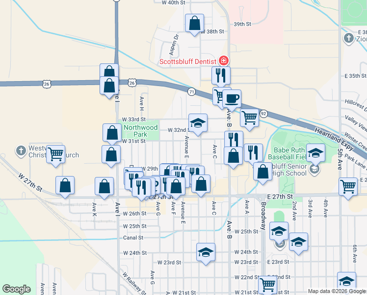 map of restaurants, bars, coffee shops, grocery stores, and more near 3014 Avenue East in Scottsbluff