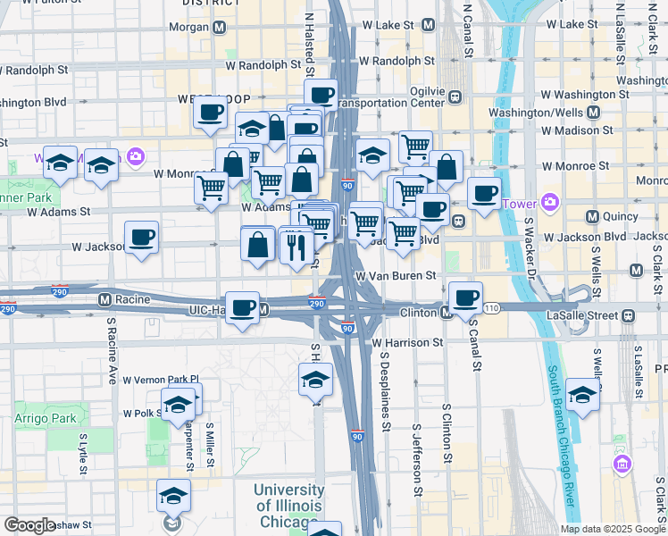 map of restaurants, bars, coffee shops, grocery stores, and more near 768 West Van Buren Street in Chicago