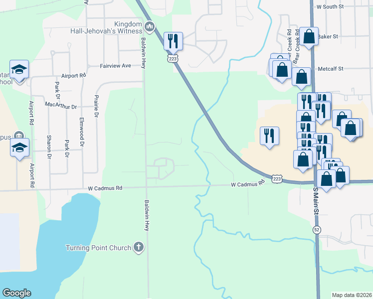 map of restaurants, bars, coffee shops, grocery stores, and more near 1651 Rivers Edge Ct in Adrian
