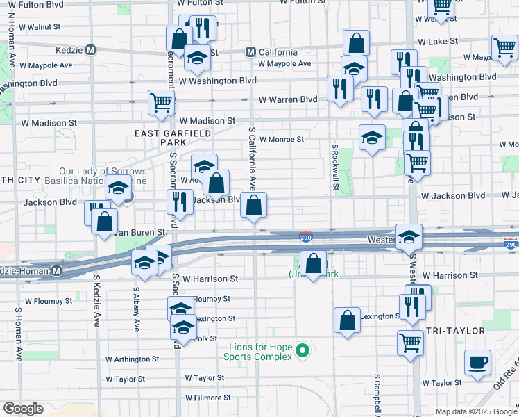 map of restaurants, bars, coffee shops, grocery stores, and more near 313 South California Avenue in Chicago