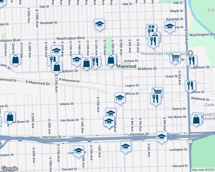 map of restaurants, bars, coffee shops, grocery stores, and more near 1016 North Maywood Drive in Maywood