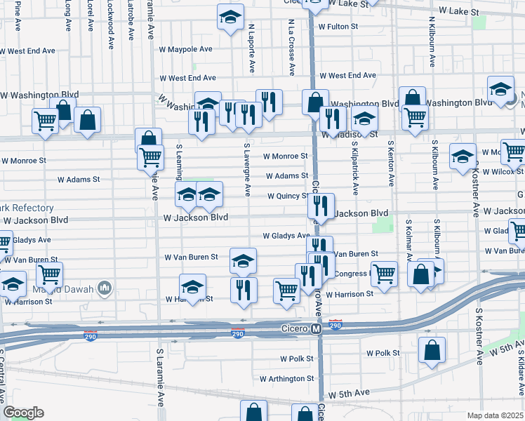 map of restaurants, bars, coffee shops, grocery stores, and more near 4928 W Jackson Blvd in Chicago