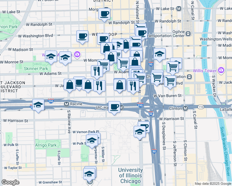 map of restaurants, bars, coffee shops, grocery stores, and more near 947 West Van Buren Street in Chicago