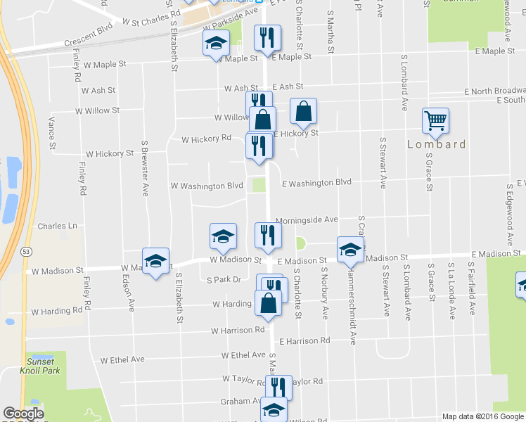 map of restaurants, bars, coffee shops, grocery stores, and more near 520 South Main Street in Lombard