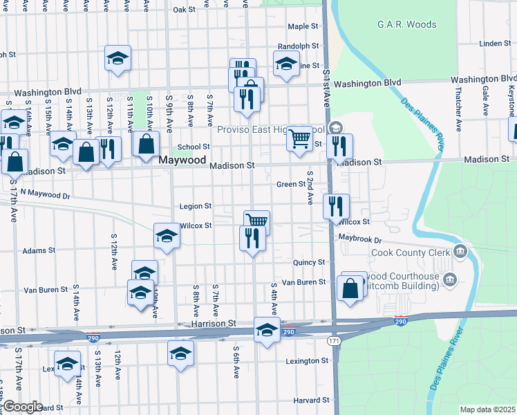 map of restaurants, bars, coffee shops, grocery stores, and more near 1201 South 5th Avenue in Maywood